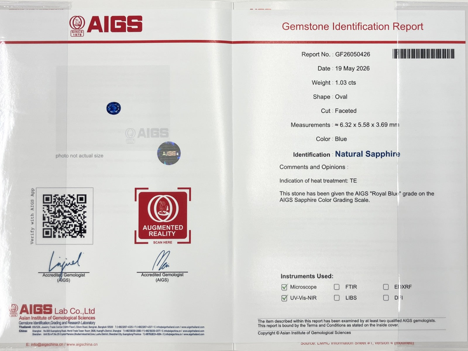 サファイア 1.03ct ロイヤルブルー royal blue AIGS鑑別書 D0.95ct PT900 5.6g 指輪 (JP13号) サイズ直し無料 7725K