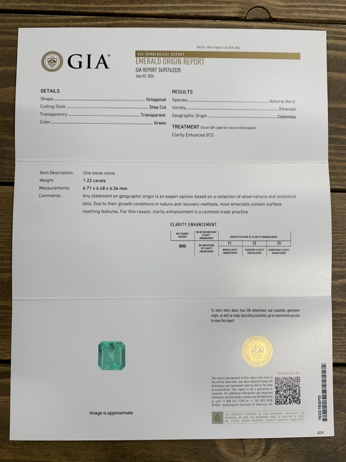 エメラルド  1.22ct  GIA宝石鑑別書付き  Colombia 6.71㎜×6.48㎜×4.36㎜  ルース（ 裸石 ）   2085Y