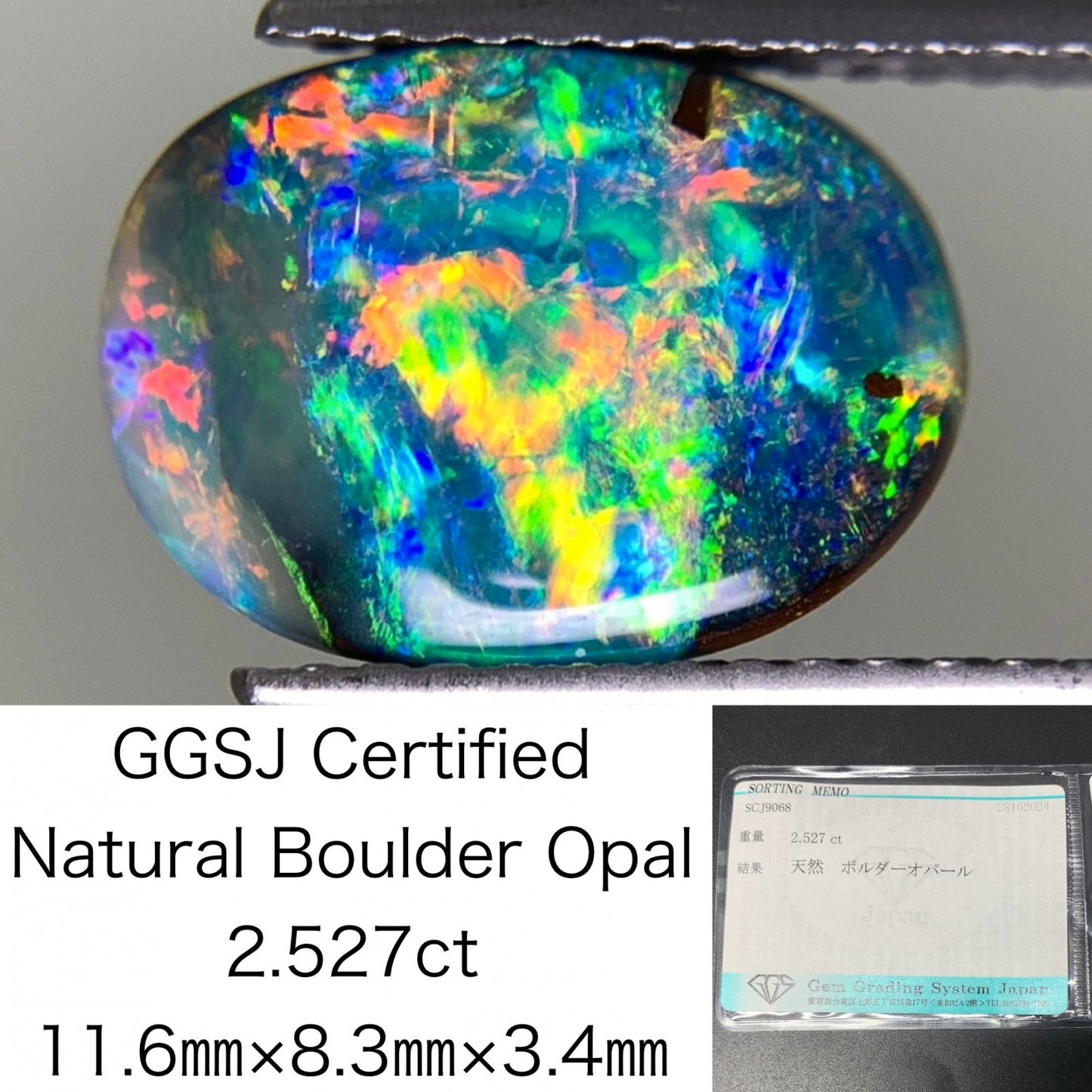 ボルダーオパール 2.527ct 宝石ソーティング付き  11.6㎜×8.3㎜×3.4㎜  ルース（ 裸石 ） 2431Y