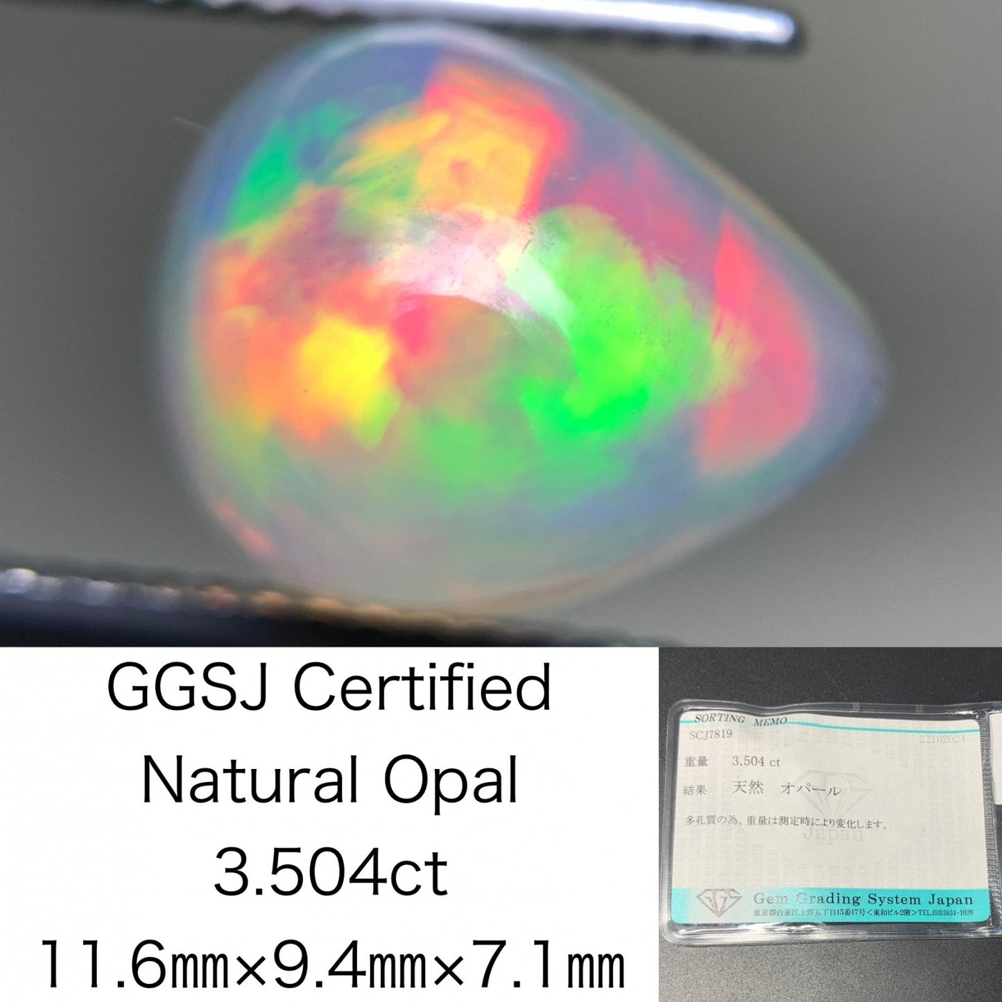 オパール 3.504ct 宝石ソーティング付き  11.6㎜×9.4㎜×7.1㎜  ルース（ 裸石 ） 3039Y