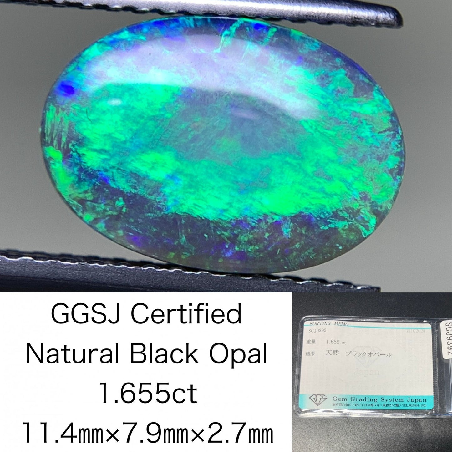 ブラックオパール 1.655ct 宝石ソーティング付き  11.4㎜×7.9㎜×2.7㎜  ルース（ 裸石 ） 3067Y
