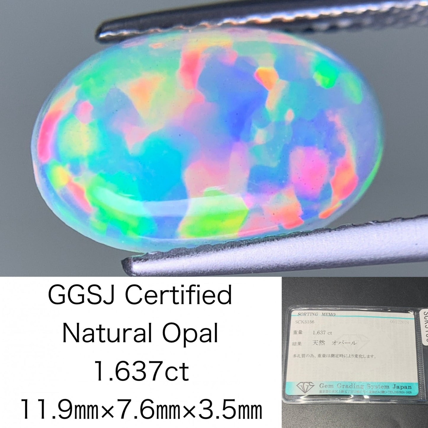 オパール 1.637ct 宝石ソーティング付き  11.9㎜×7.6㎜×3.5㎜  ルース（ 裸石 ） 3350Y