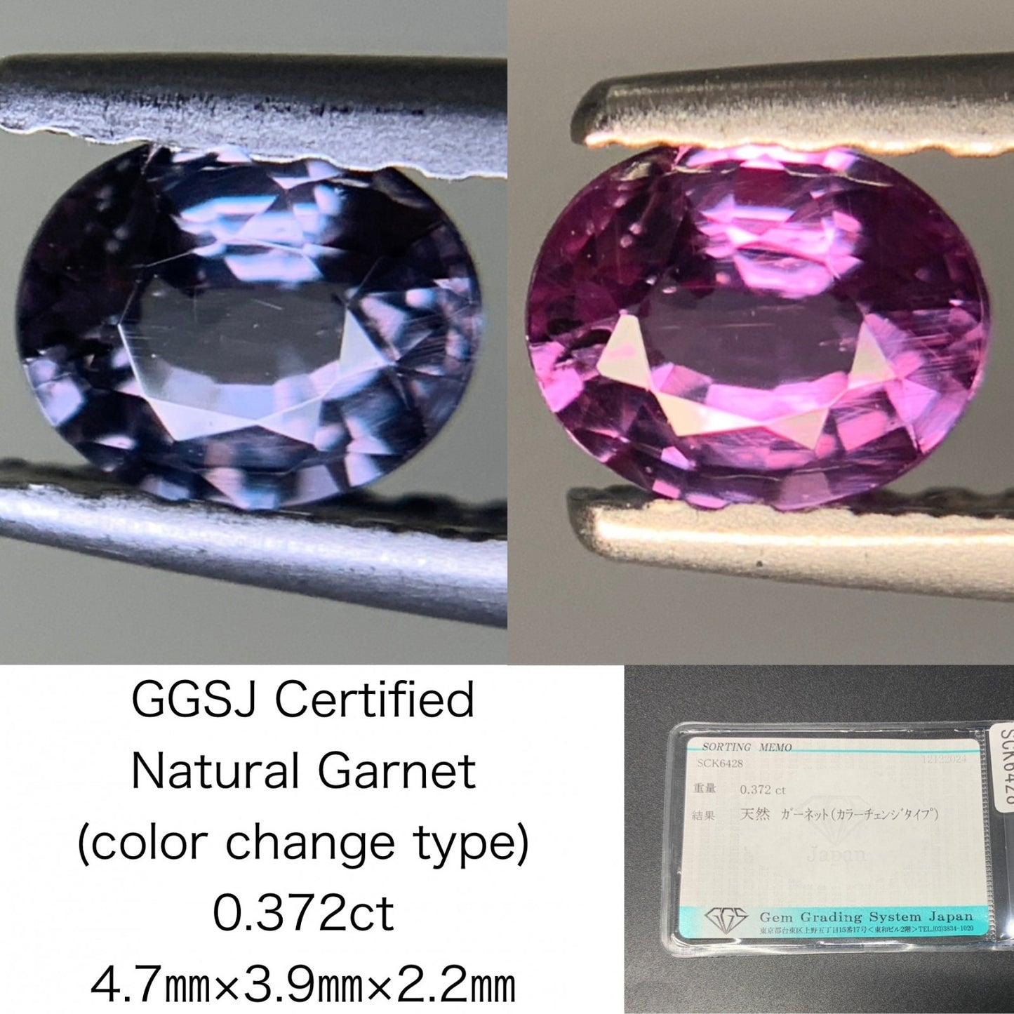 ガーネット（カラーチェンジタイプ） 0.372ct 宝石ソーティング付き  4.7㎜×3.9㎜×2.2㎜  ルース（ 裸石 ） 3443Y