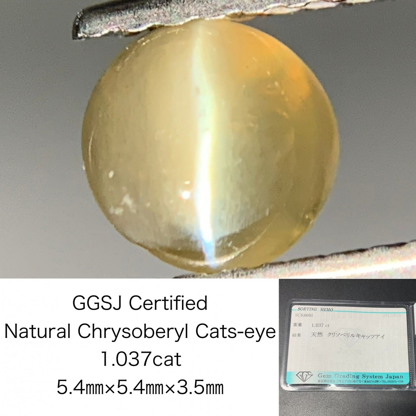 クリソベリルキャッツアイ 1.037ct 宝石ソーティング付き  5.4㎜×5.4㎜×3.5㎜  ルース（ 裸石 ） 3540Y