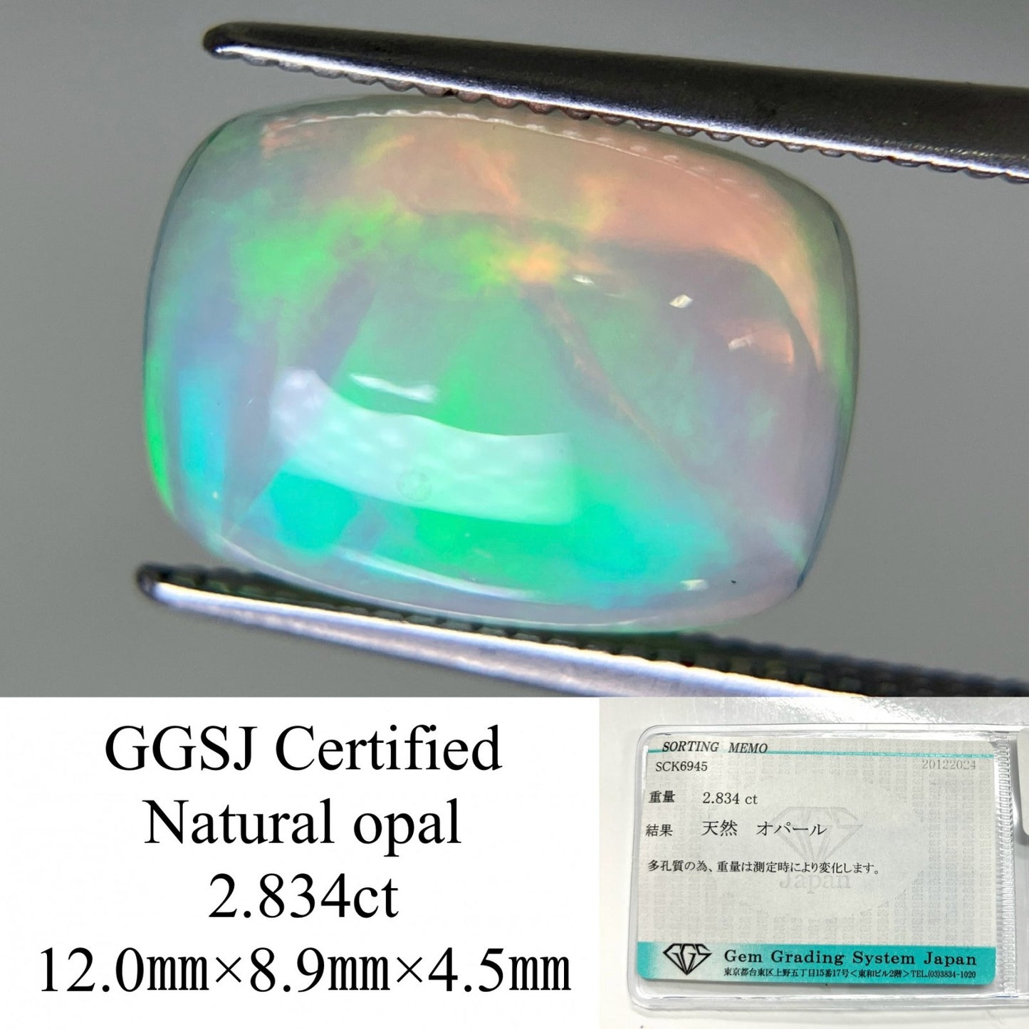 オパール 2.834ct 宝石ソーティング付き 12.0㎜×8.9㎜×4.5㎜ ルース（ 裸石 ） 3598YY