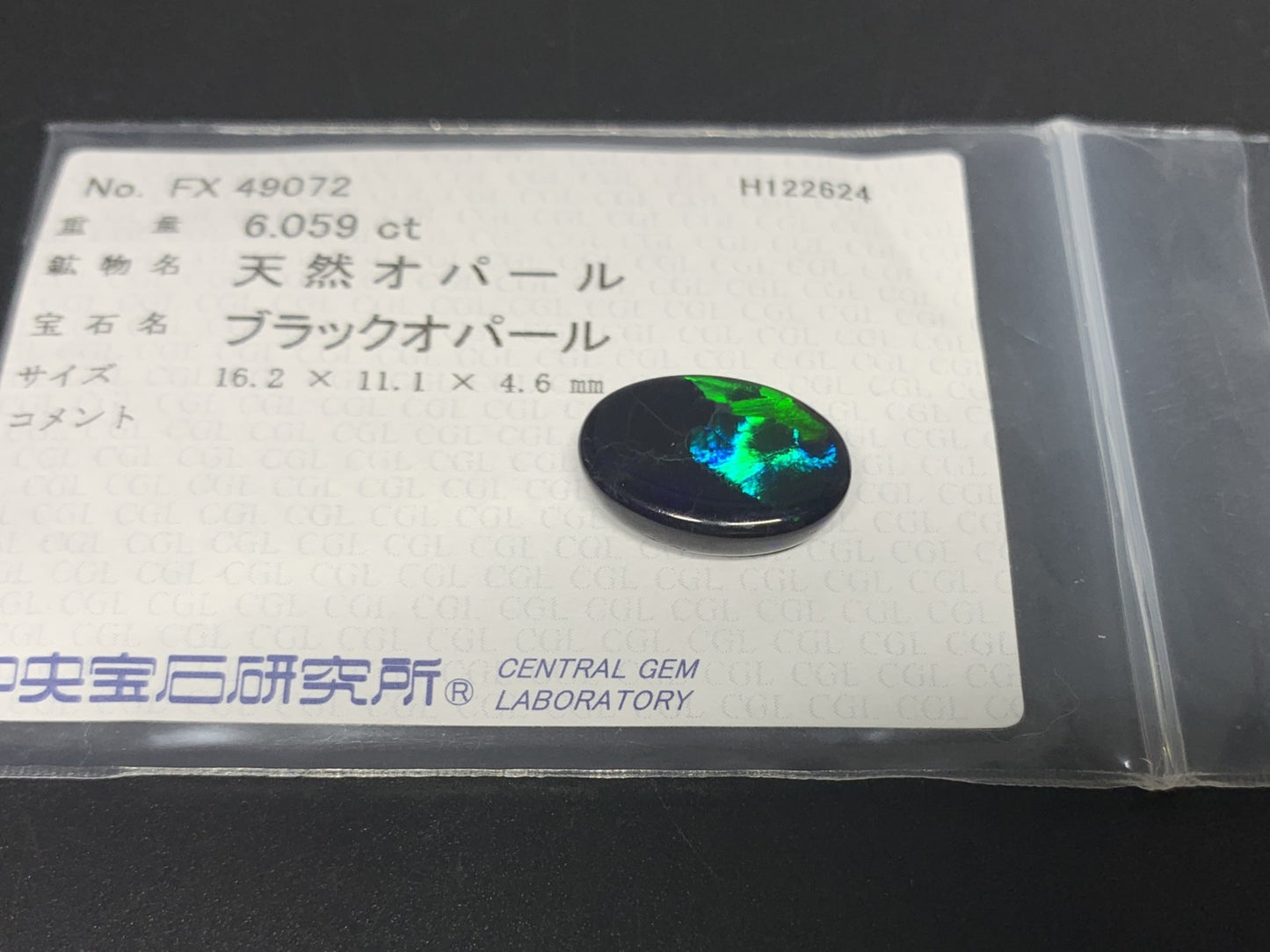 ブラックオパール 6.059ct 中央宝石ソーティング付き 16.2㎜×11.1㎜×4.6㎜ ルース（ 裸石 ） 3744Y