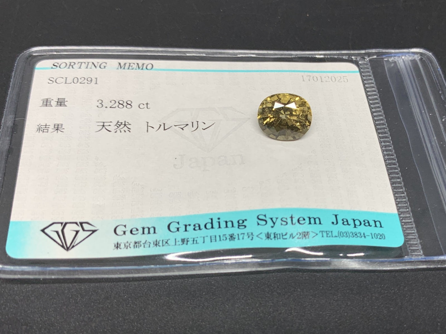 トルマリン 3.288ct 宝石ソーティング付き 9.6㎜×8.0㎜×6.6㎜ ルース（ 裸石 ） 3751Y