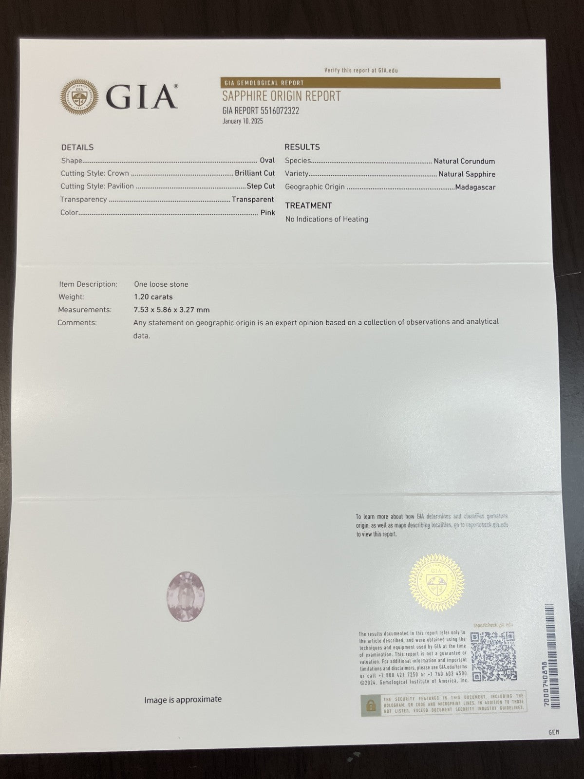 サファイア 1.20ct GIA鑑別書付き 非加熱 7.53㎜×5.86㎜×3.27㎜ ルース（ 裸石 ） 3826YY