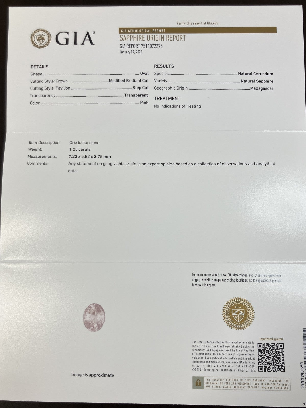 サファイア 1.25ct GIA鑑別書付き 7.23㎜×5.82㎜×3.75㎜ ルース（ 裸石 ） 3829YY