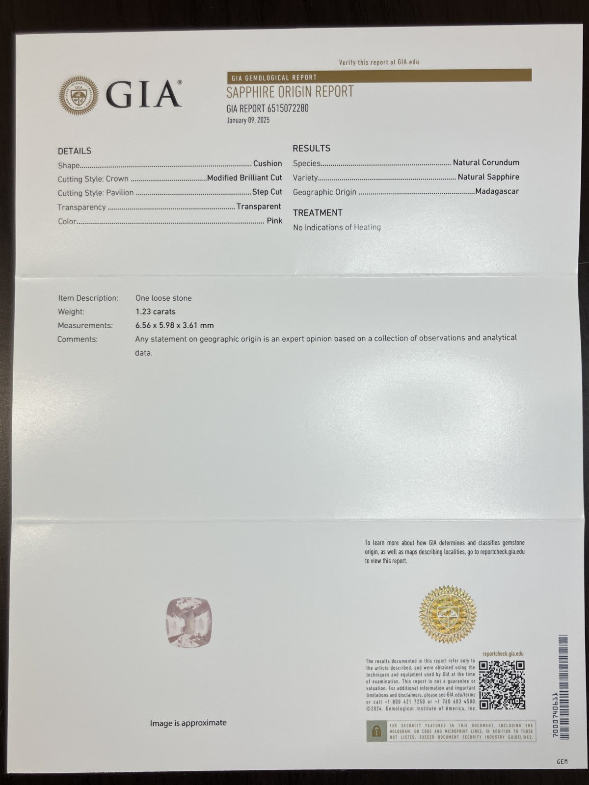 サファイア 1.23ct GIA鑑別書付き 非加熱 6.56㎜×5.98㎜×3.61㎜ ルース（ 裸石 ） 3830YY
