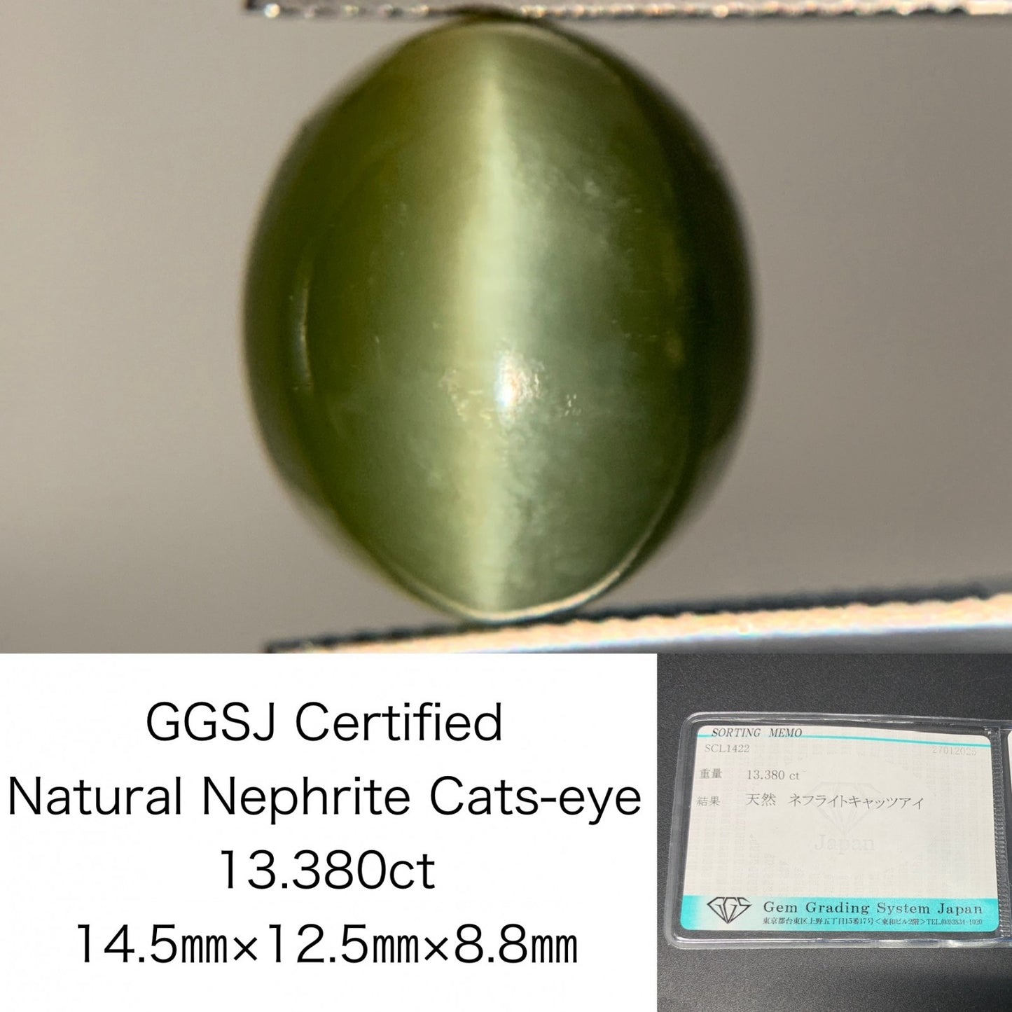 ネフライトキャッツアイ 13.380ct 宝石ソーティング付き 14.5㎜×12.5㎜×8.8㎜ ルース（ 裸石 ） 3868Y