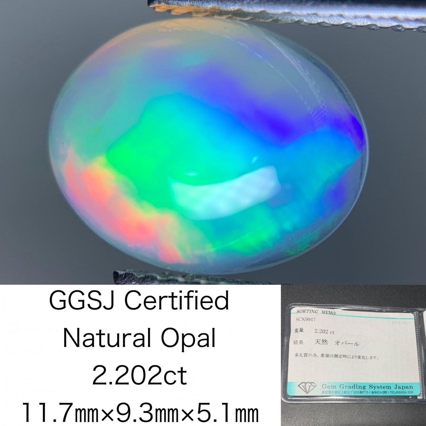 オパール 2.202ct 宝石ソーティング付き  11.7㎜×9.3㎜×5.1㎜  ルース（ 裸石 ） 3895Y