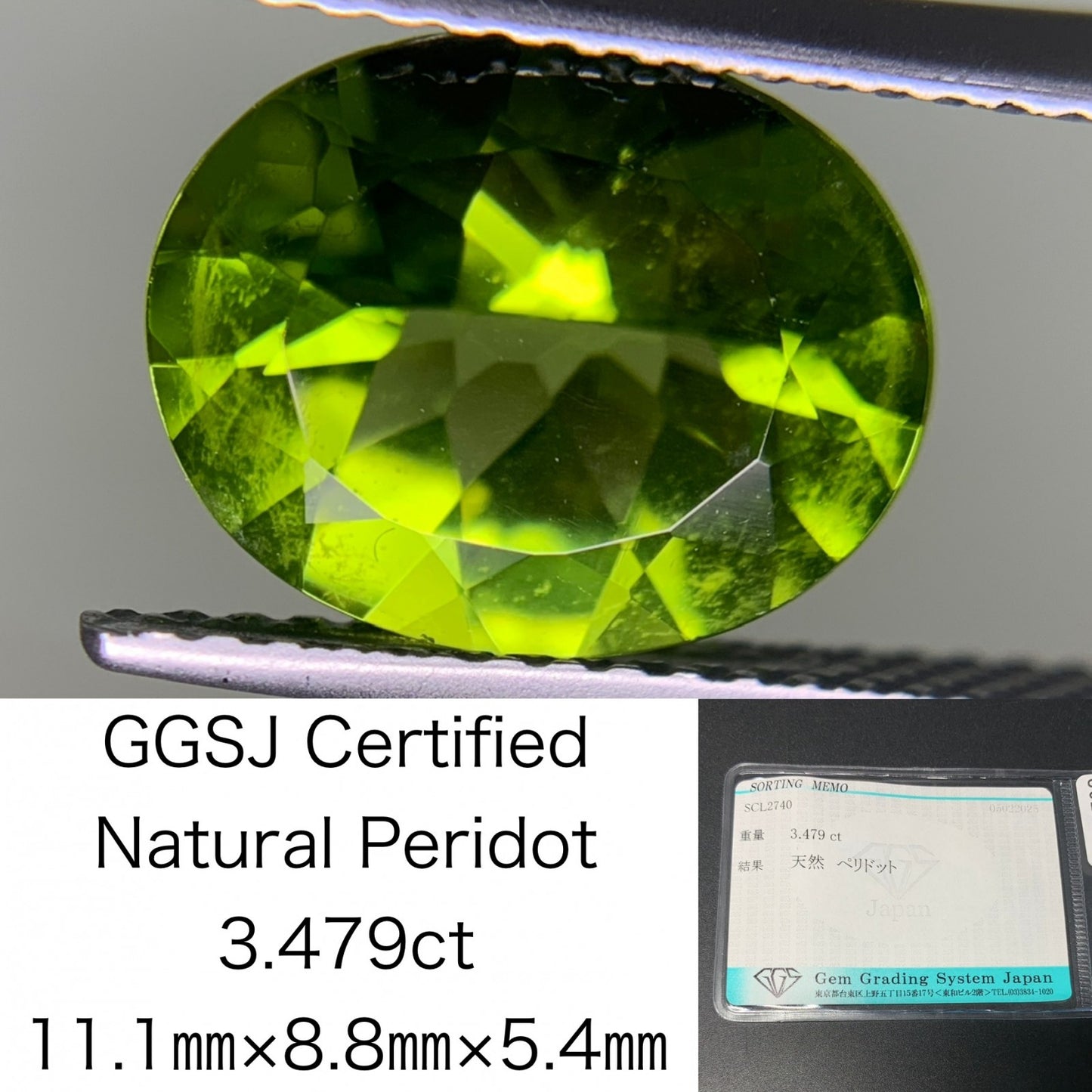 ペリドット 3.479ct 宝石ソーティング付き  11.1㎜×8.8㎜×5.4㎜  ルース（ 裸石 ） 3999Y
