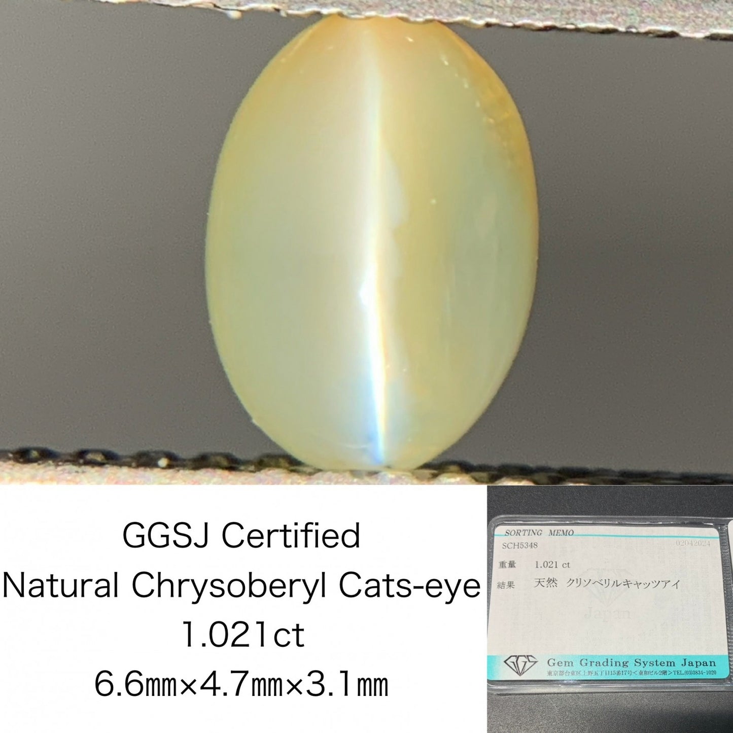 クリソベリルキャッツアイ 1.021ct  宝石ソーティング付き  6.6㎜×4.7㎜×3.1㎜  ルース（ 裸石 ） 4020Y