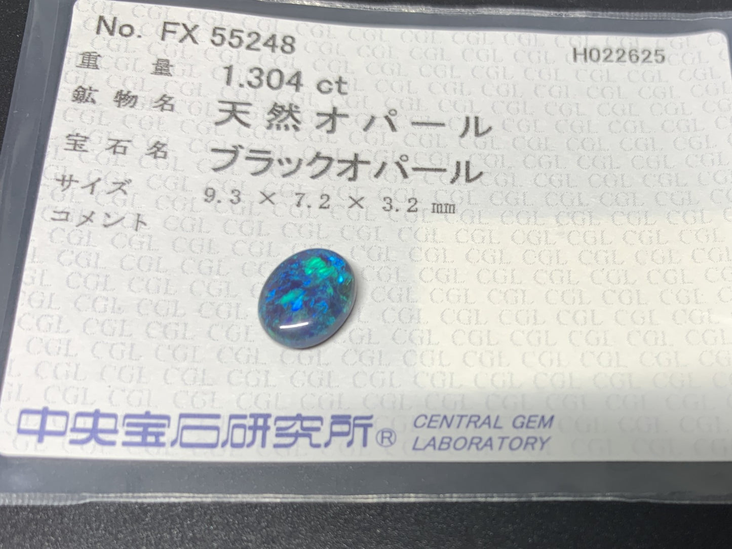 ブラックオパール 1.304ct  中央宝石ソーティング付き  9.3㎜×7.2㎜×3.2㎜  ルース（ 裸石 ） 4096Y