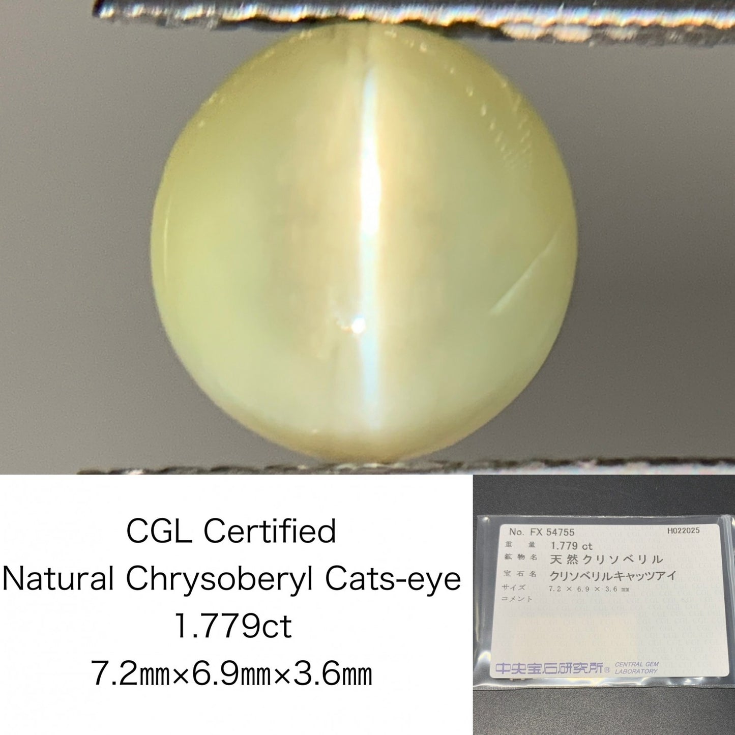 クリソベリルキャッツアイ 1.779ct  中央宝石ソーティング付き  7.2㎜×6.9㎜×3.6㎜  ルース（ 裸石 ） 4128Y