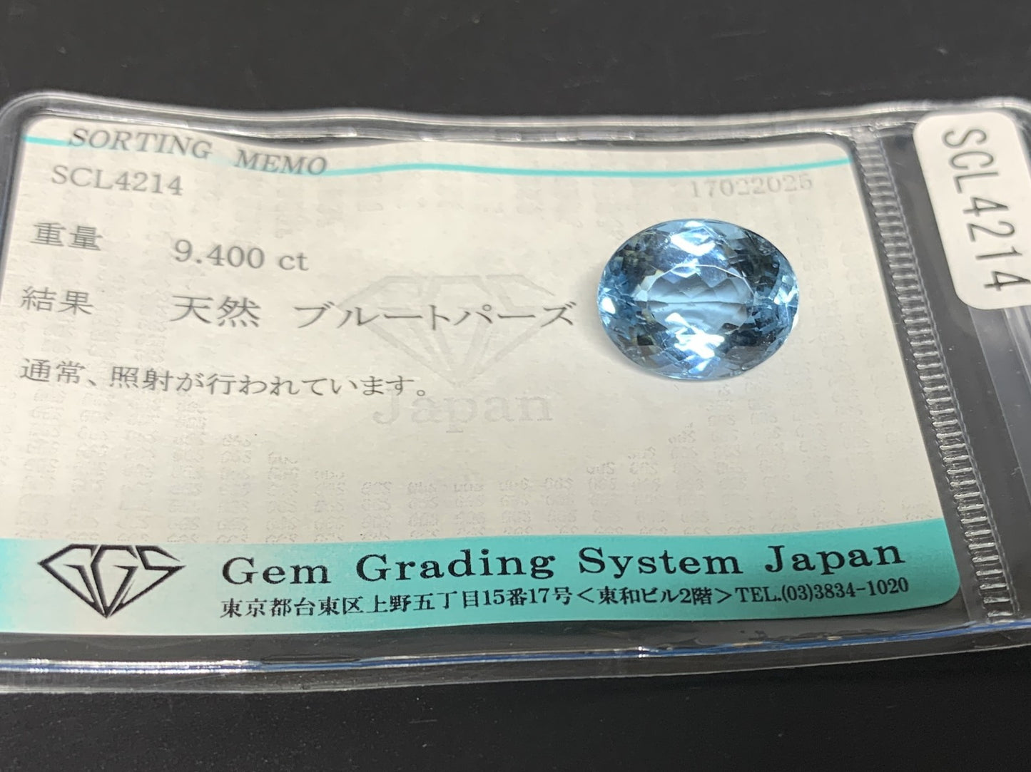 ブルートパーズ 9.400ct  宝石ソーティング付き  13.8㎜×10.8㎜×7.6㎜  ルース（ 裸石 ） 4141Y