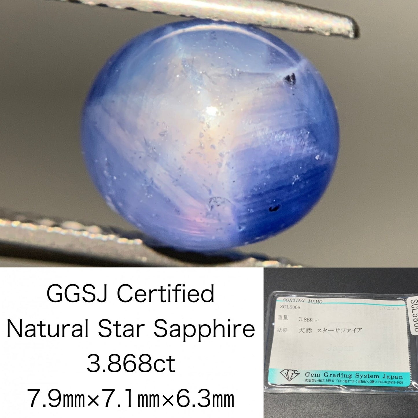 スターサファイア 3.868ct  宝石ソーティング付き  7.9㎜×7.1㎜×6.3㎜  ルース（ 裸石 ） 4189Y