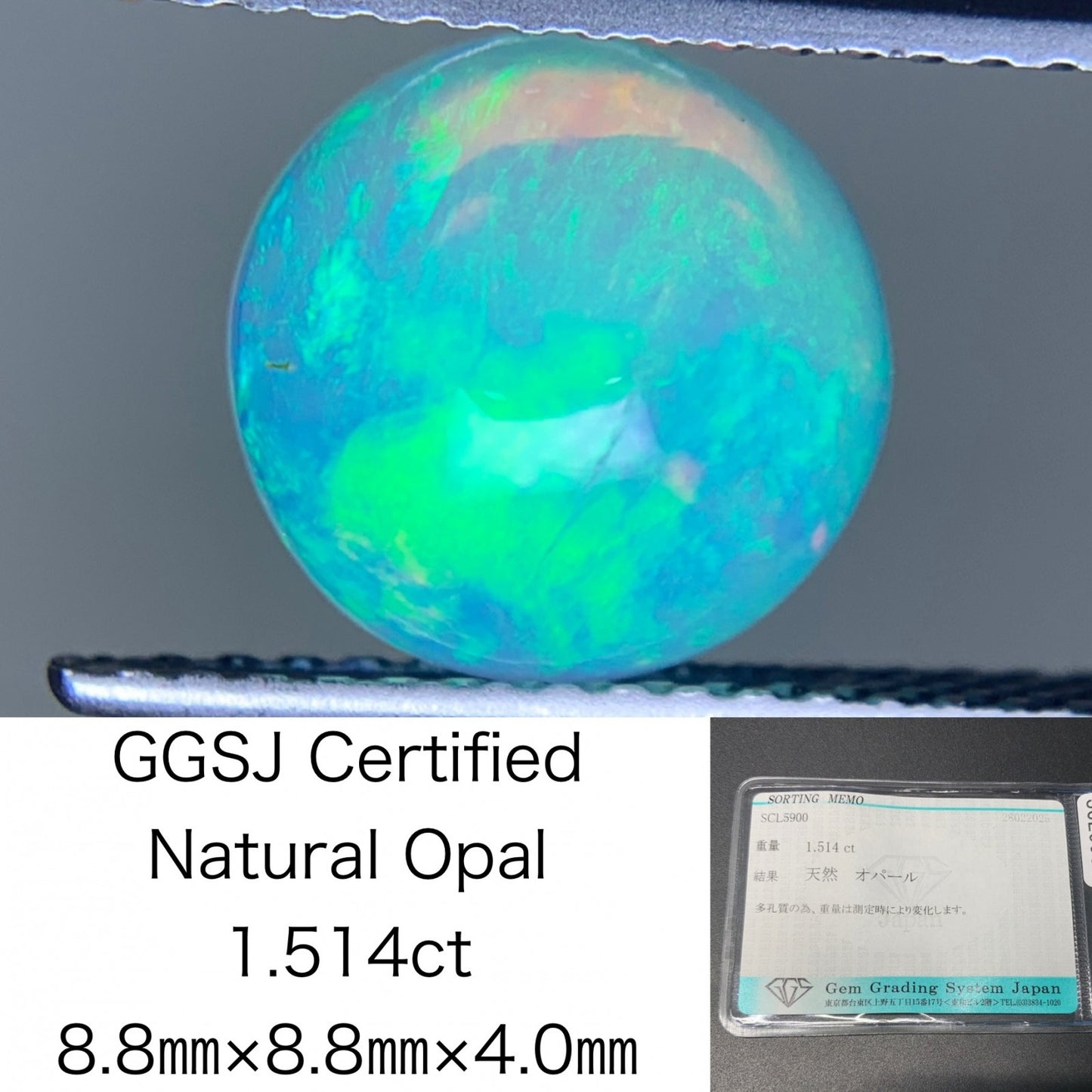 オパール 1.514ct  宝石ソーティング付き  8.8㎜×8.8㎜×4.0㎜  ルース（ 裸石 ） 4341Y