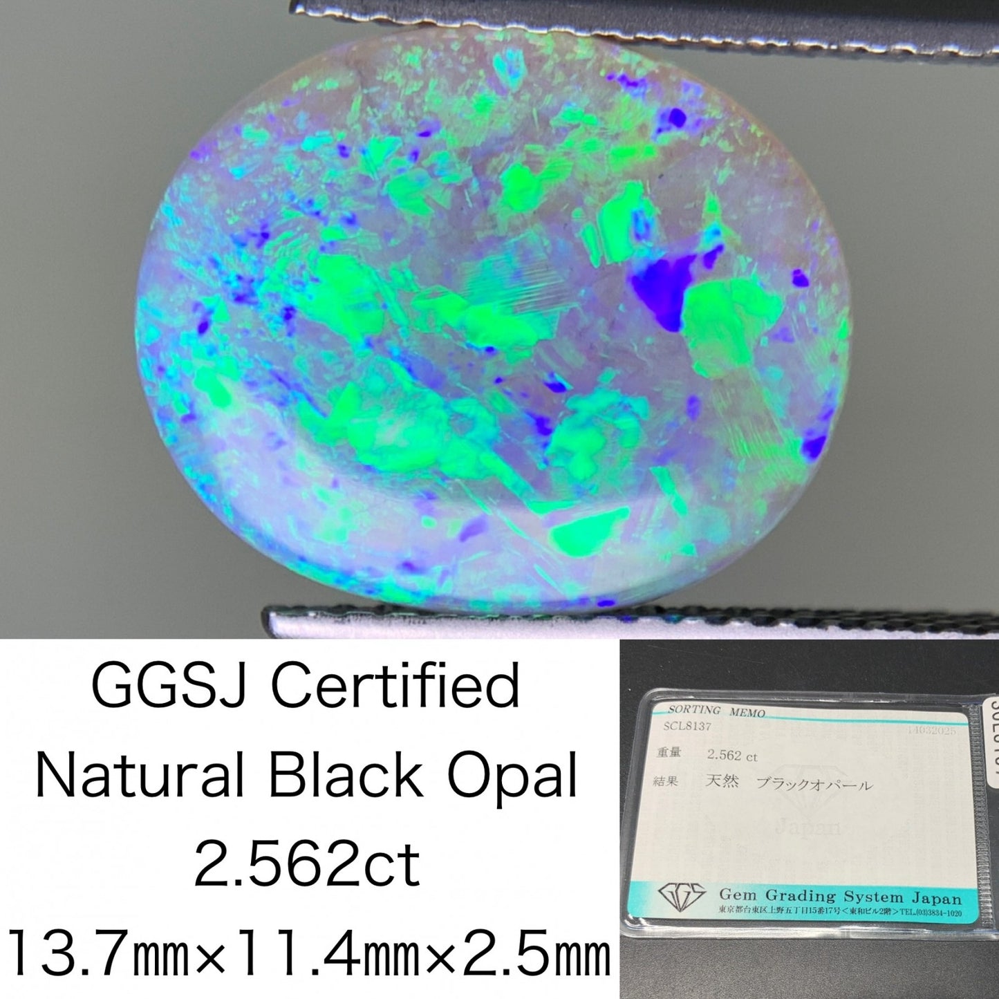 ブラックオパール 2.562ct  宝石ソーティング付き  13.7㎜×11.4㎜×2.5㎜  天然 ルース（ 裸石 ） 4372Y