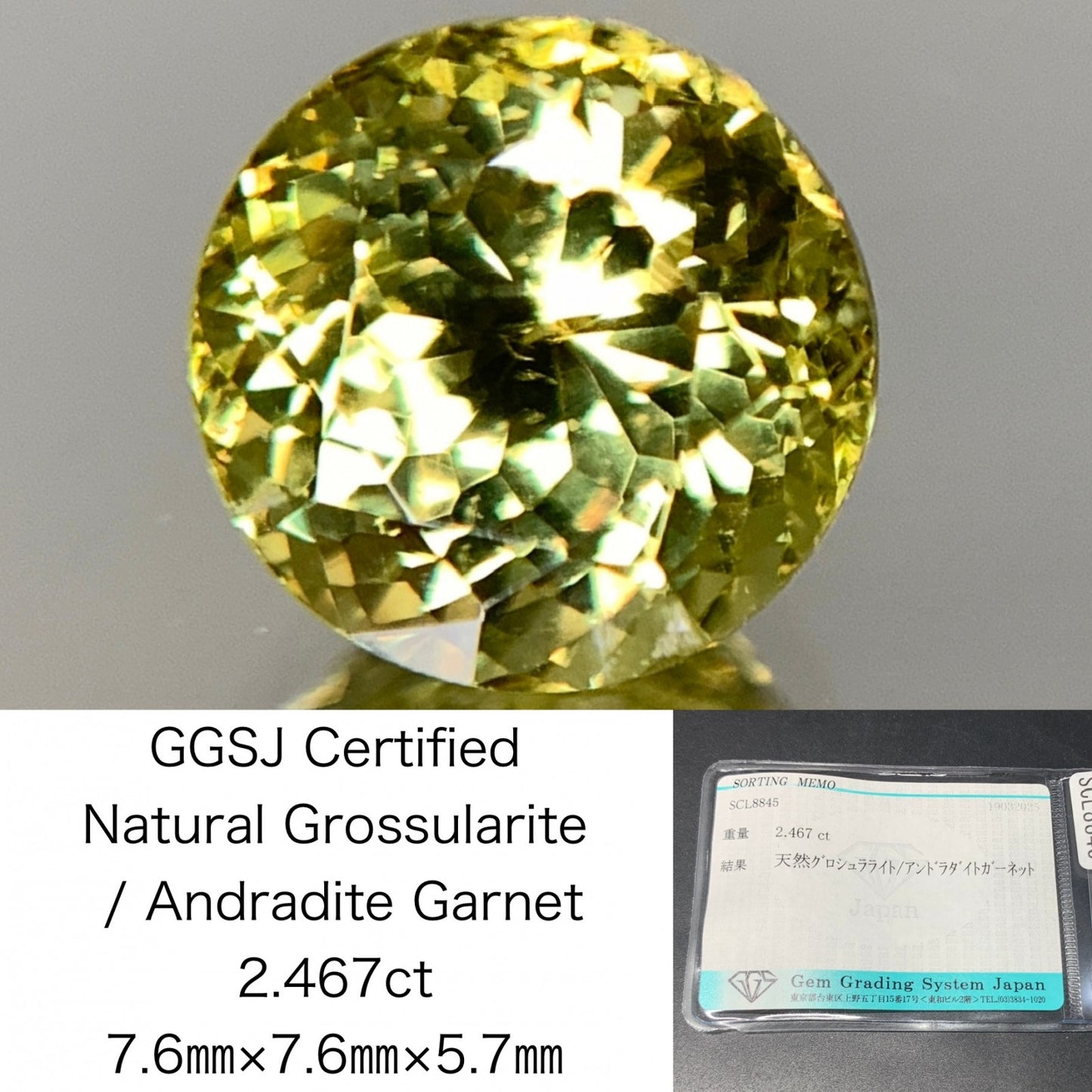グロシュラライト/アンドラダイトガーネット 2.467ct  宝石ソーティング付き  7.6㎜×7.6㎜×5.7㎜  天然 ルース（ 裸石 ） 4482Y