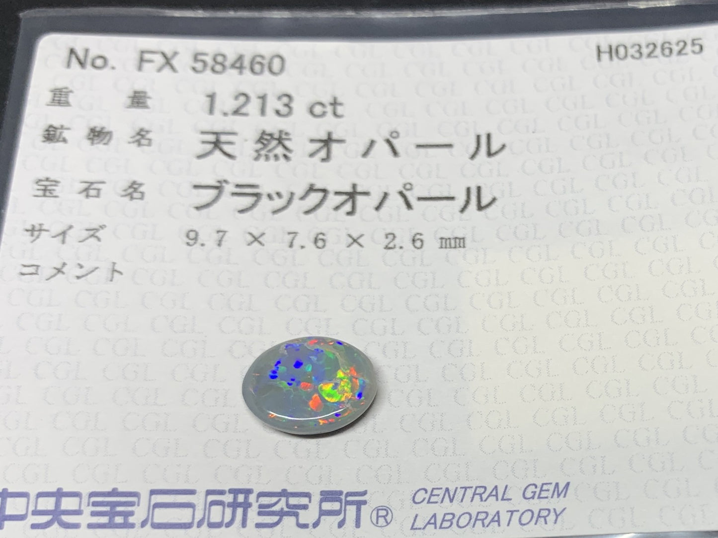 ブラックオパール 1.213ct  中央宝石ソーティング付き  9.7㎜×7.6㎜×2.6㎜  天然 ルース（ 裸石 ） 4514Y