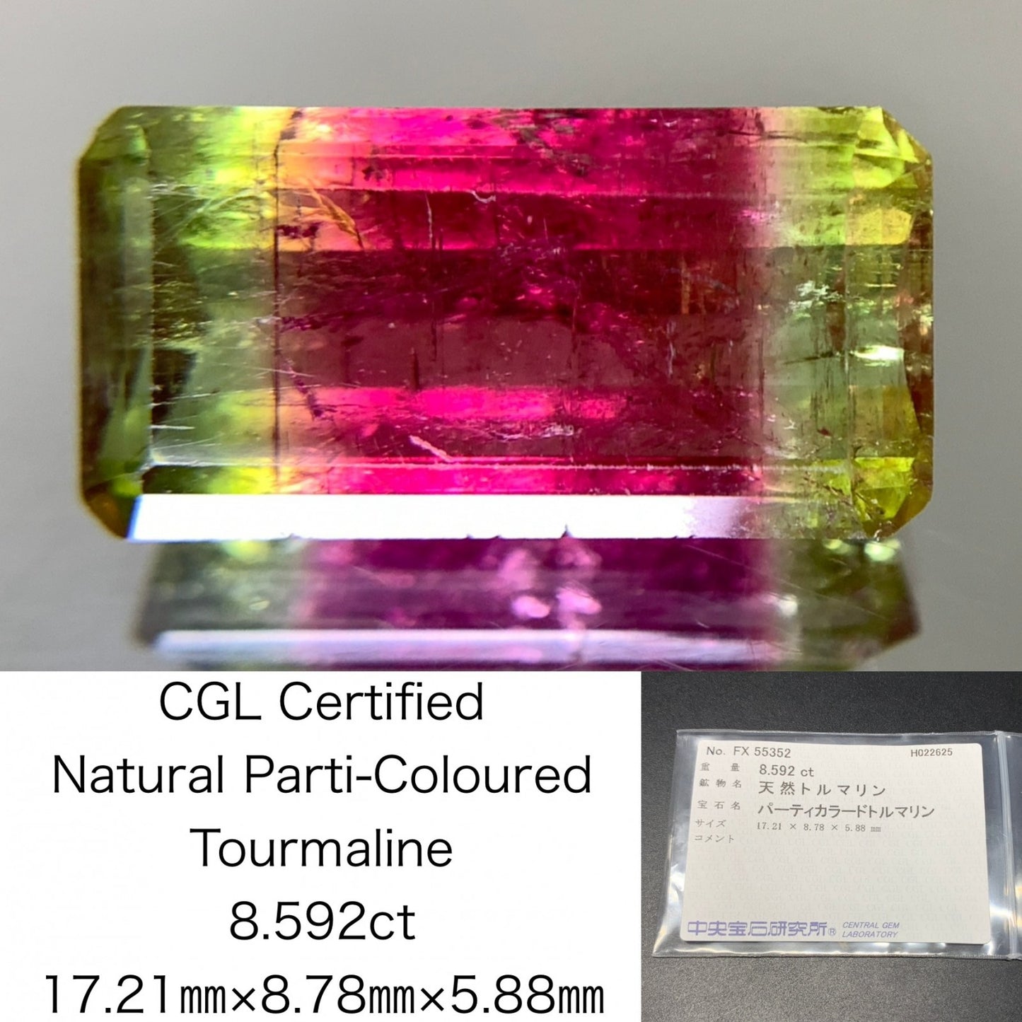 パーティカラードトルマリン 8.592ct  中央宝石ソーティング付き  17.21㎜×8.78㎜×5.88㎜  天然 ルース（ 裸石 ） 4526Y