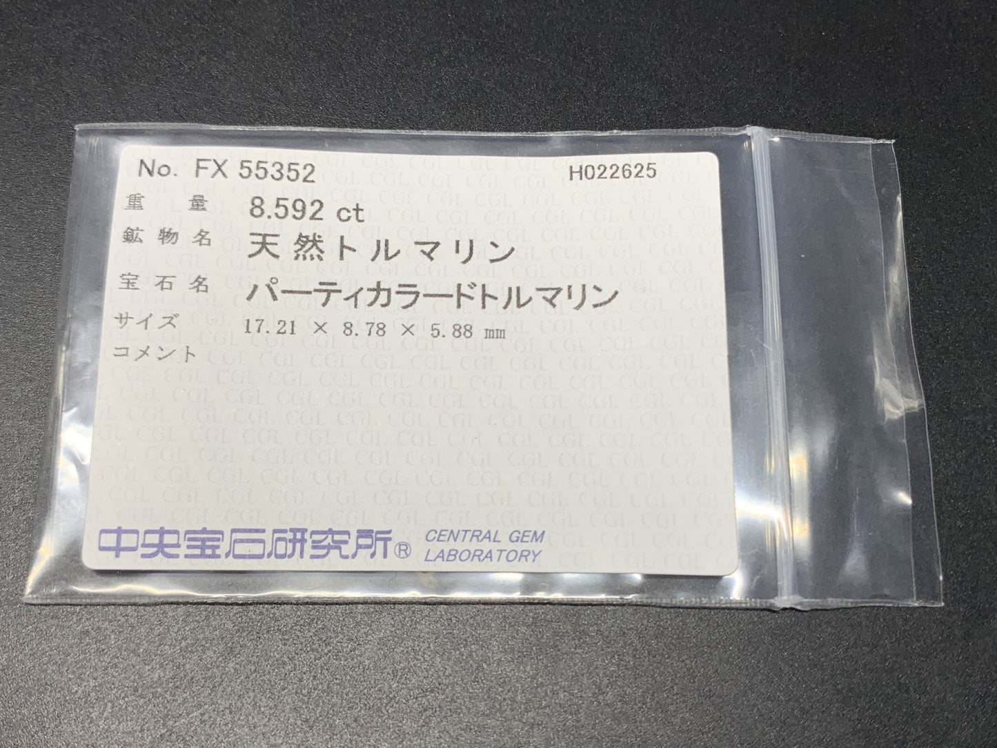 パーティカラードトルマリン 8.592ct  中央宝石ソーティング付き  17.21㎜×8.78㎜×5.88㎜  天然 ルース（ 裸石 ） 4526Y