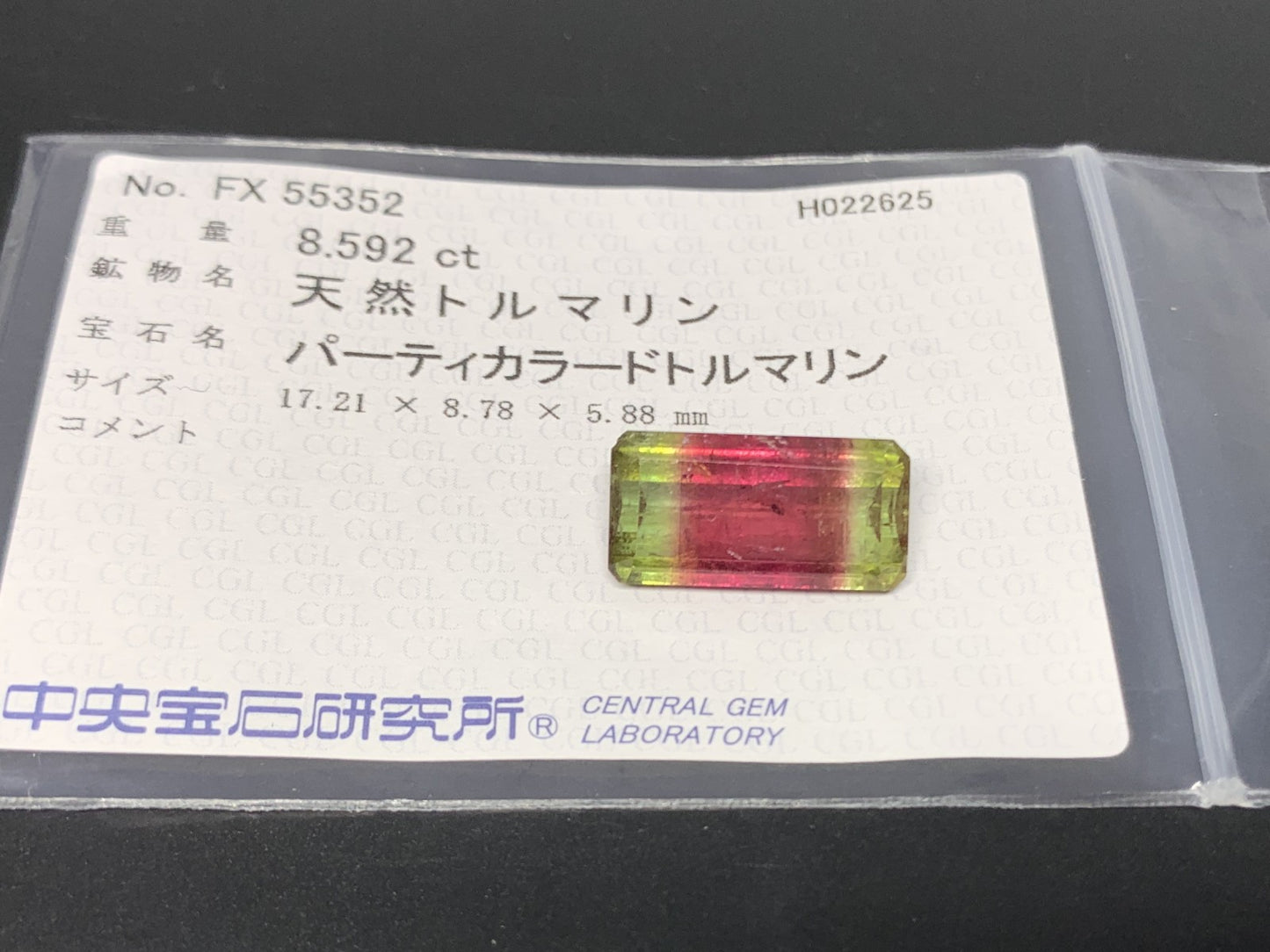 パーティカラードトルマリン 8.592ct  中央宝石ソーティング付き  17.21㎜×8.78㎜×5.88㎜  天然 ルース（ 裸石 ） 4526Y