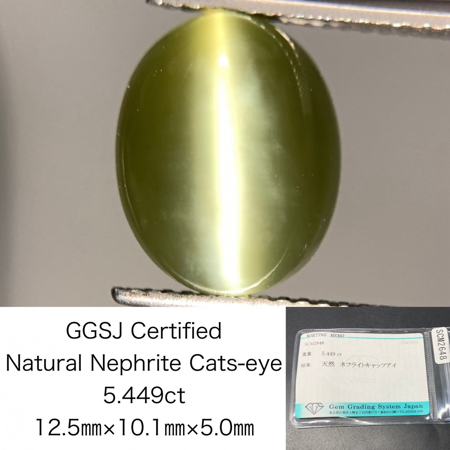 ネフライトキャッツアイ 5.449ct  宝石ソーティング付き  12.5㎜×10.1㎜×5.0㎜  天然 ルース（ 裸石 ） 4781Y