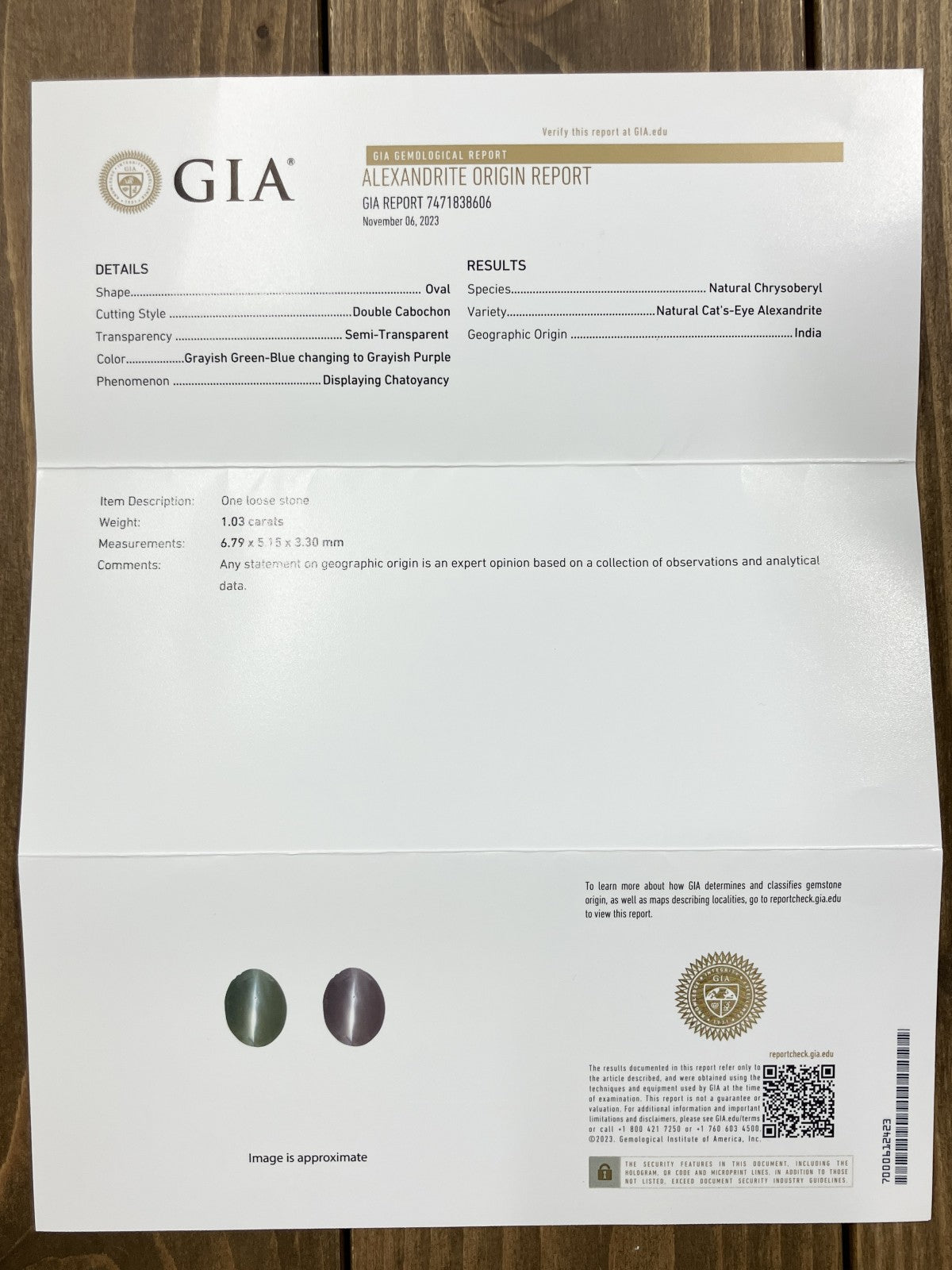 アレキサンドライトキャッツアイ  1.03ct  India GIA宝石鑑別書付き  6.79㎜×5.15㎜×3.30㎜  PT900  6.8g  リング  メレダイヤ  0.29ct  7448Y