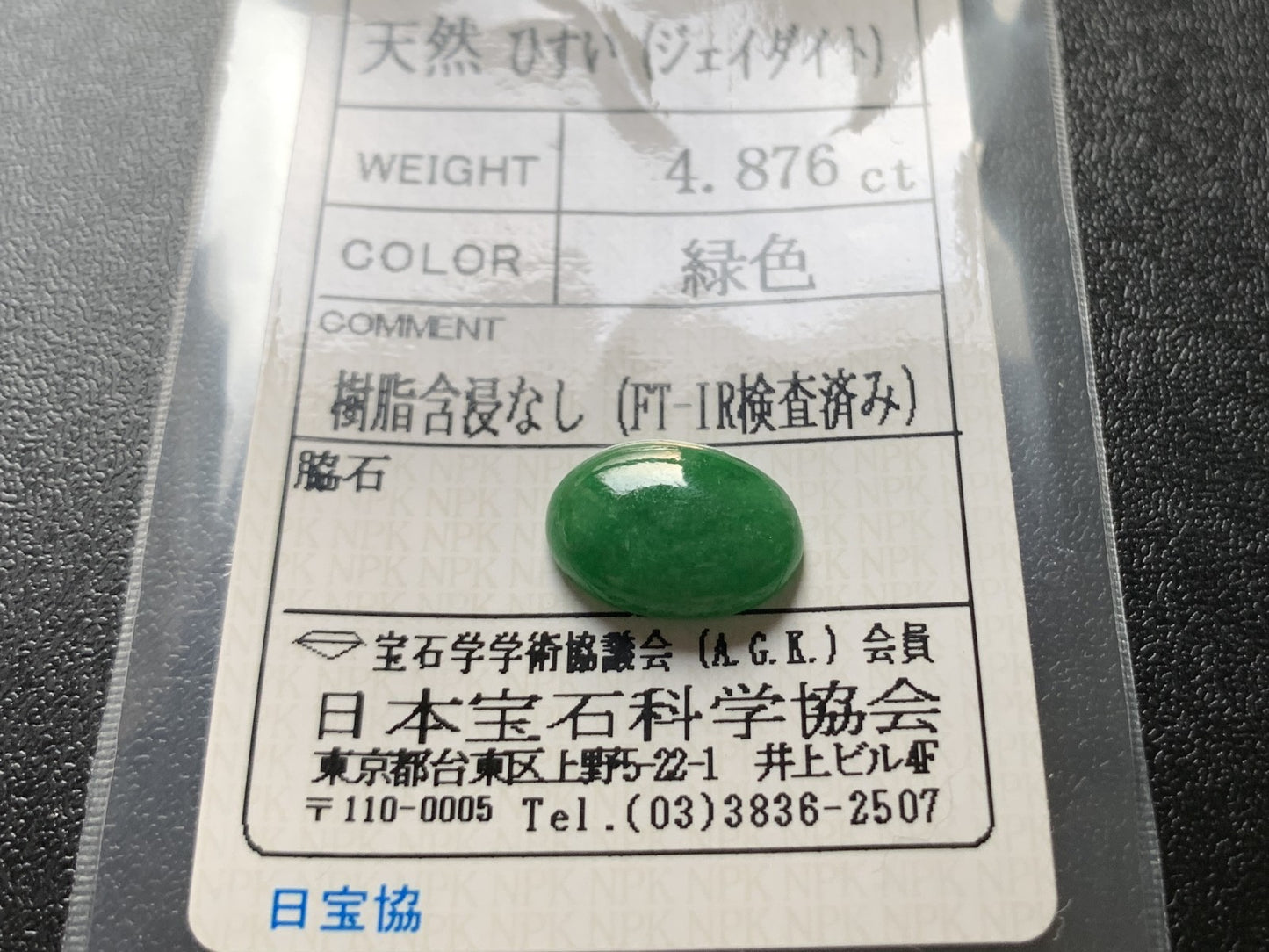 ヒスイ 翡翠  天然  4.876ct   宝石ソーティング付き  13.3㎜×9.8㎜×3.6㎜   ルース（ 裸石 ） 5563Y
