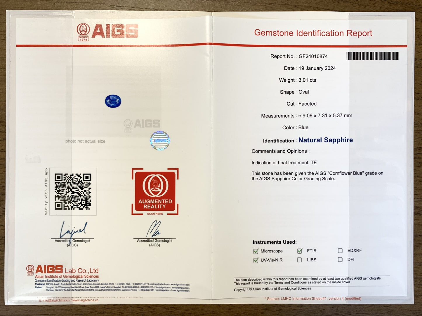 サファイア 3.01ct  AIGS宝石鑑別書付き  Cornflower Blue 9.06㎜×7.31㎜×5.37㎜   天然 ルース（ 裸石 ）   5043Y