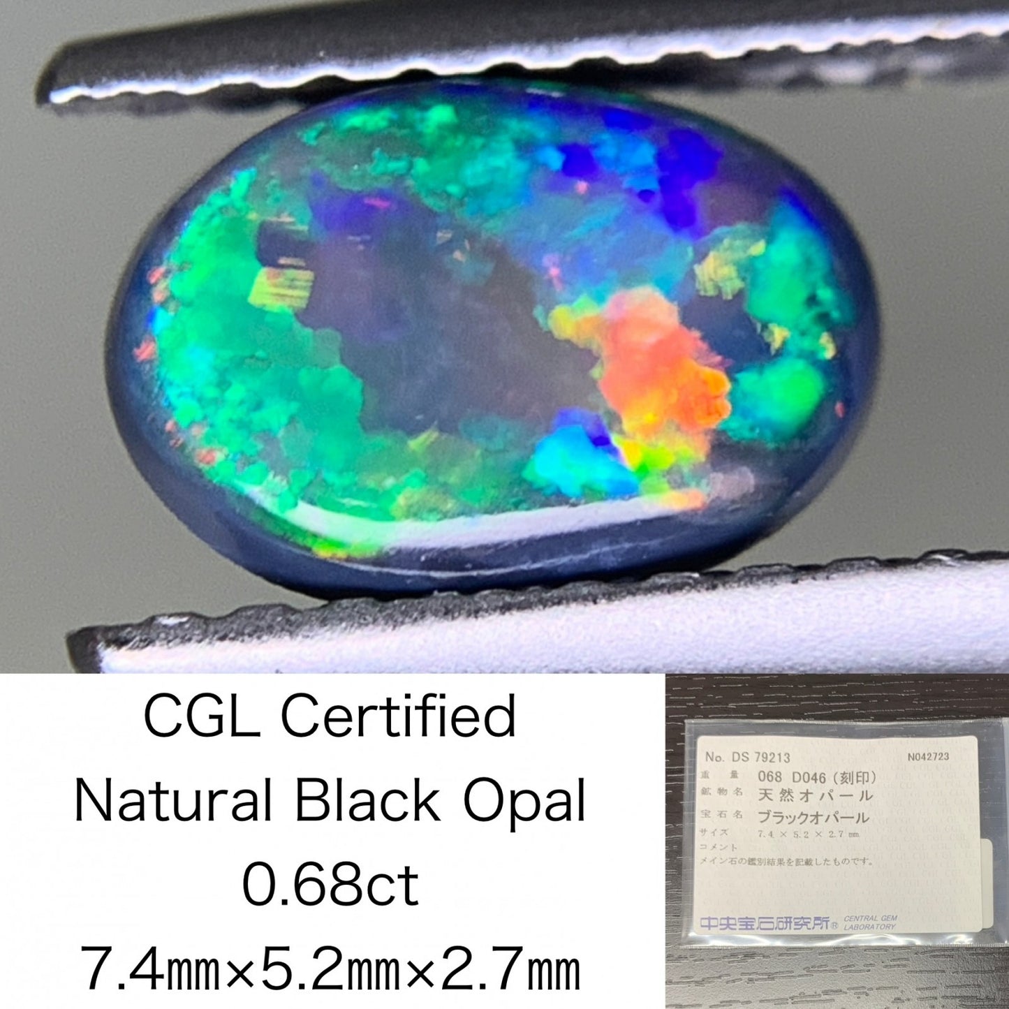 ブラックオパール 0.68ct  宝石ソーティング付き  7.4㎜×5.2㎜×2.7㎜  ルース（ 裸石 ） 1879Y