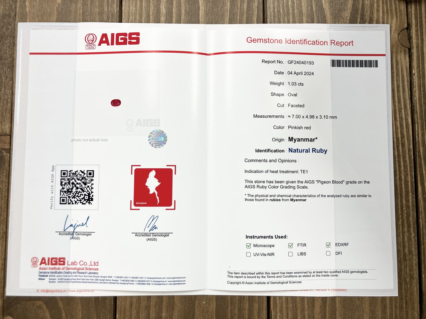 ルビー  1.03ct  Pigeon Blood  Myanmar  AIGS 宝石鑑別書付き  7.00㎜×4.98㎜×3.10㎜  PT900  6.9g  リング  メレダイヤ  0.65ct  1410Y