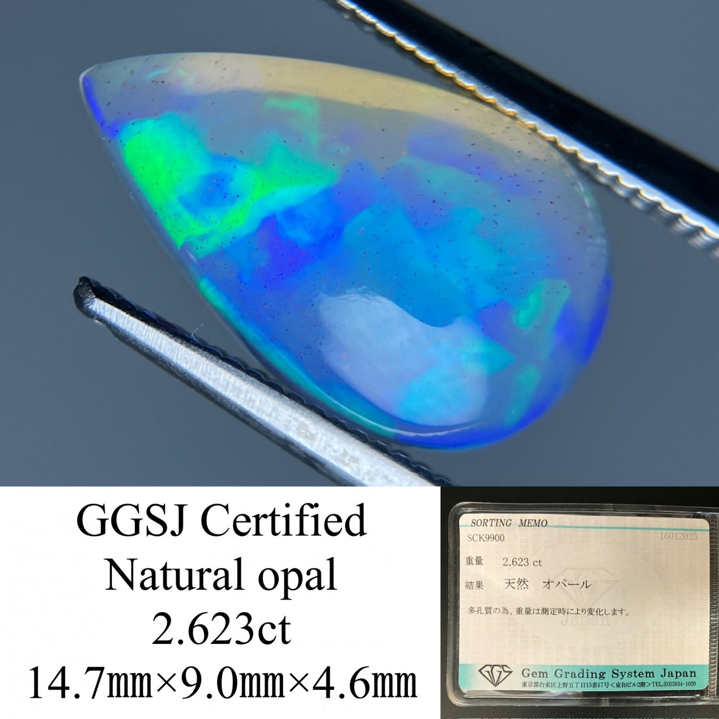 オパール 2.623ct 宝石ソーティング付き  14.7㎜×9.0㎜×4.6㎜  ルース（ 裸石 ） 3948YY