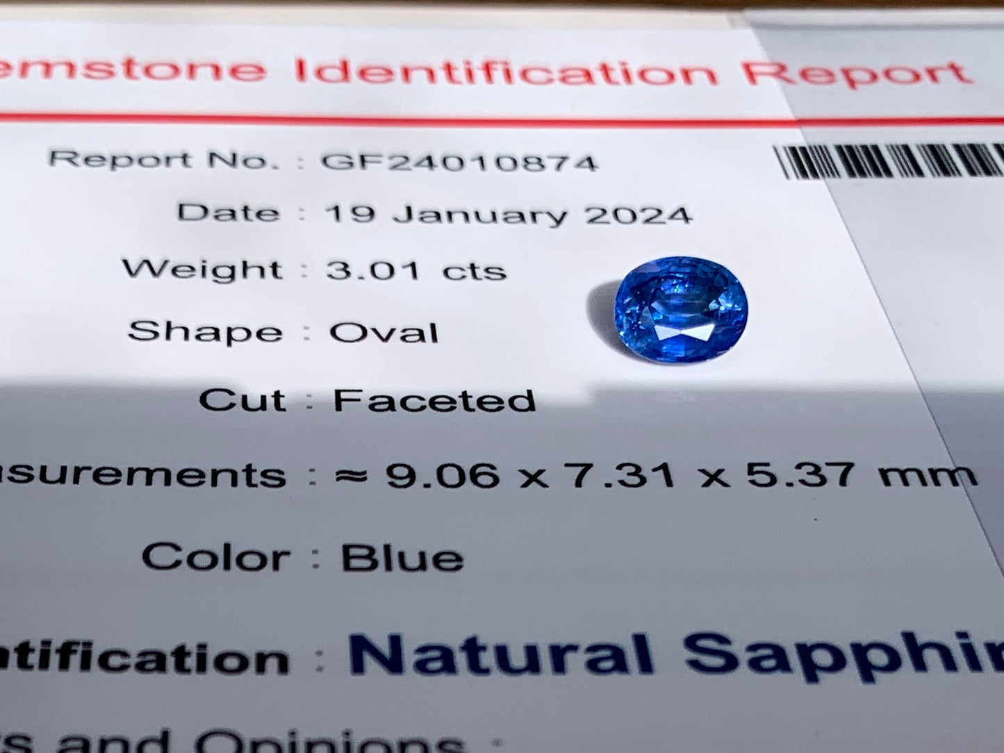 サファイア 3.01ct  AIGS宝石鑑別書付き  Cornflower Blue 9.06㎜×7.31㎜×5.37㎜   天然 ルース（ 裸石 ）   5043Y