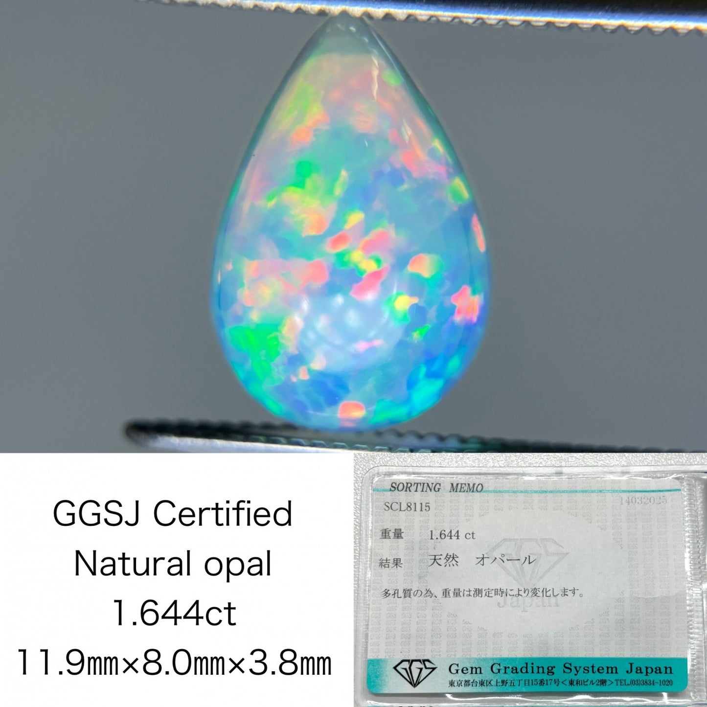 オパール 1.644ct 宝石ソーティング付き 11.9㎜×8.0㎜×3.8㎜ ルース（ 裸石 ） 4541K