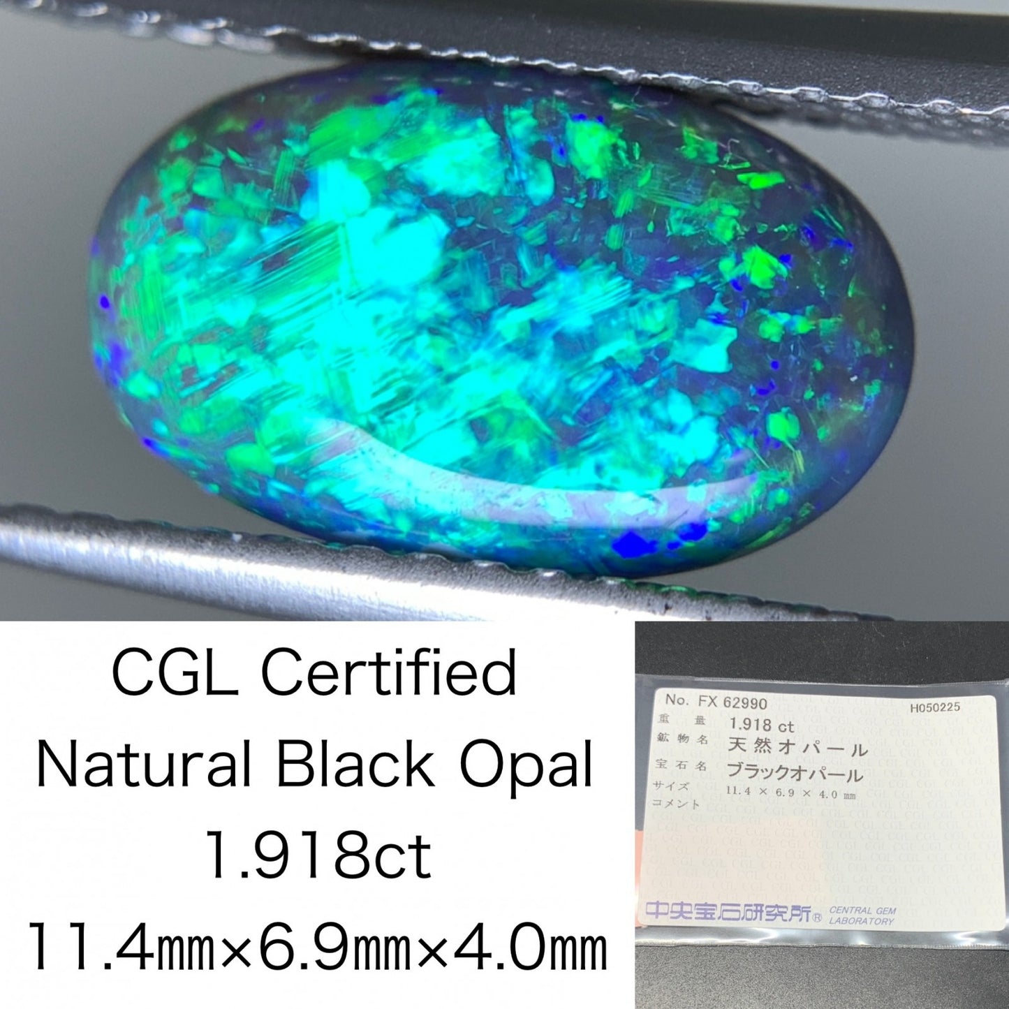 ブラックオパール 1.918ct  中央宝石ソーティング付き  11.4㎜×6.9㎜×4.0㎜  天然 ルース（ 裸石 ） 4913Y