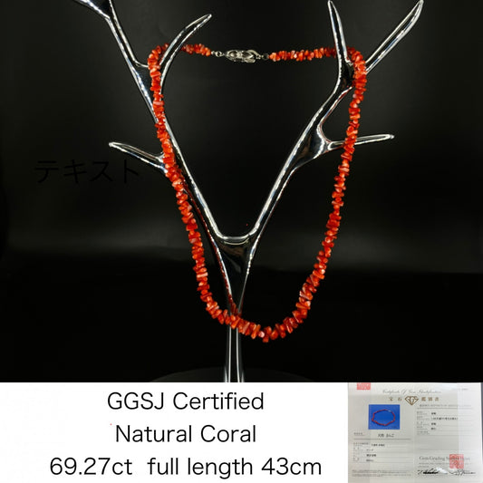 宝石鑑別書付き　天然珊瑚　ネックレス　69.27ct  全長約43cm 2313YY