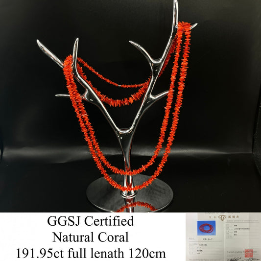 宝石鑑別書付き　天然珊瑚　ネックレス　191.95ct  全長約120cm 1762YY