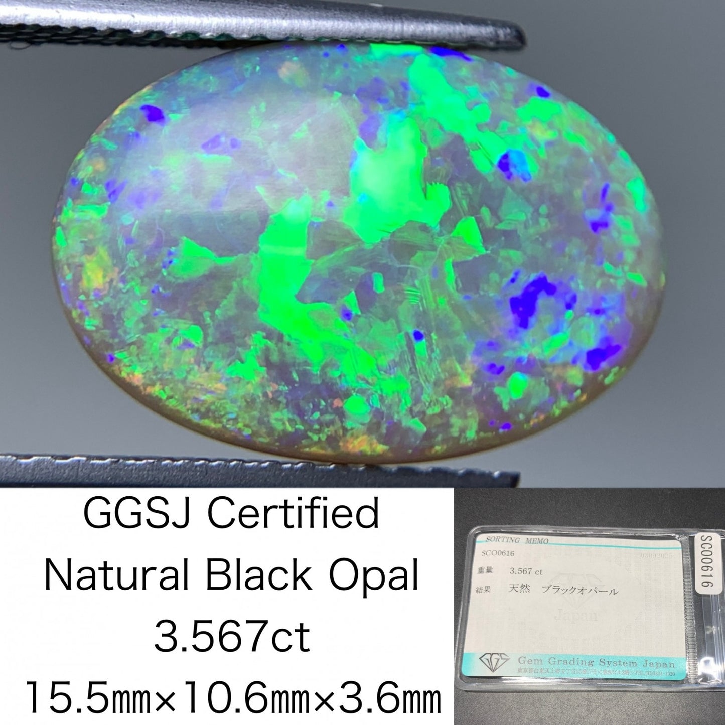 ブラックオパール 天然 3.567ct 宝石ソーティング付き 15.5㎜×10.6㎜×3.6㎜ ルース（ 裸石 ） 6779Y