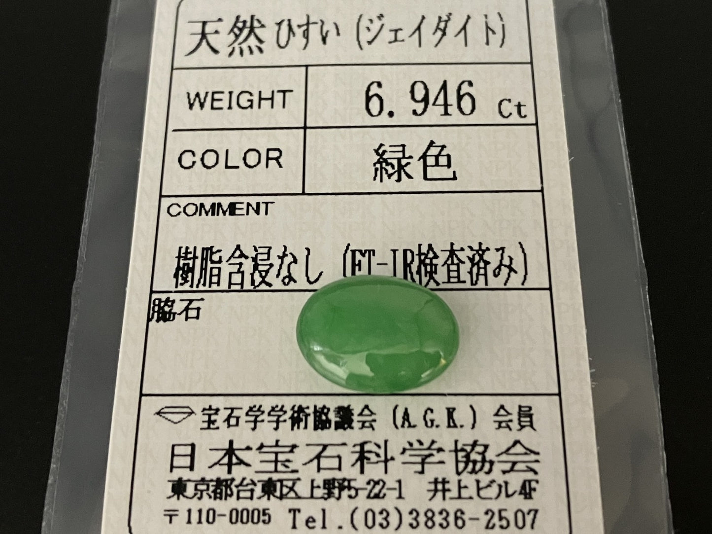 ひすい（ヒスイ 翡翠） 天然 6.946ct 宝石ソーティング付き 13.5㎜×10.4㎜×5.4㎜ ルース（ 裸石 ） 6843YY