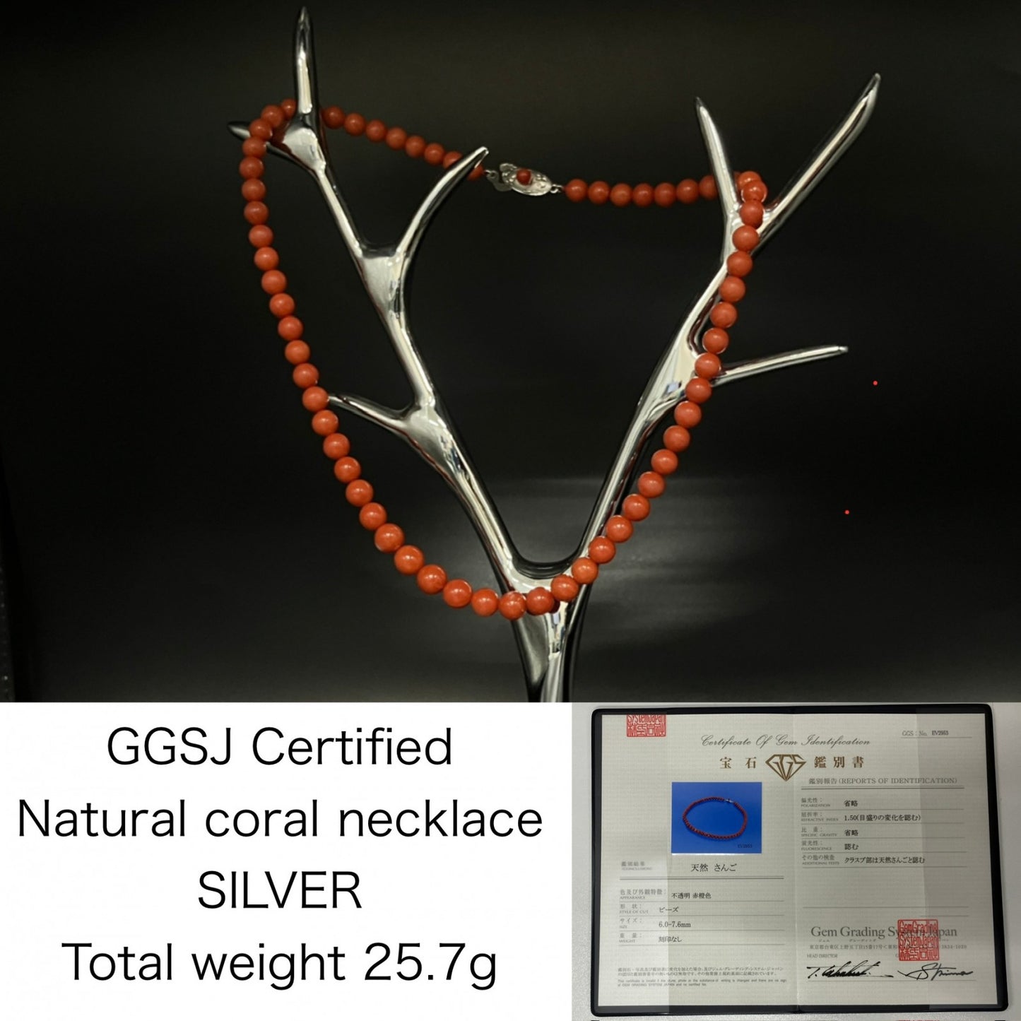 赤珊瑚　ネックレス　（さんご　サンゴ） 宝石鑑別書付き SILVER 総重量25.7g ネックレス全長約44.9cm 4522K