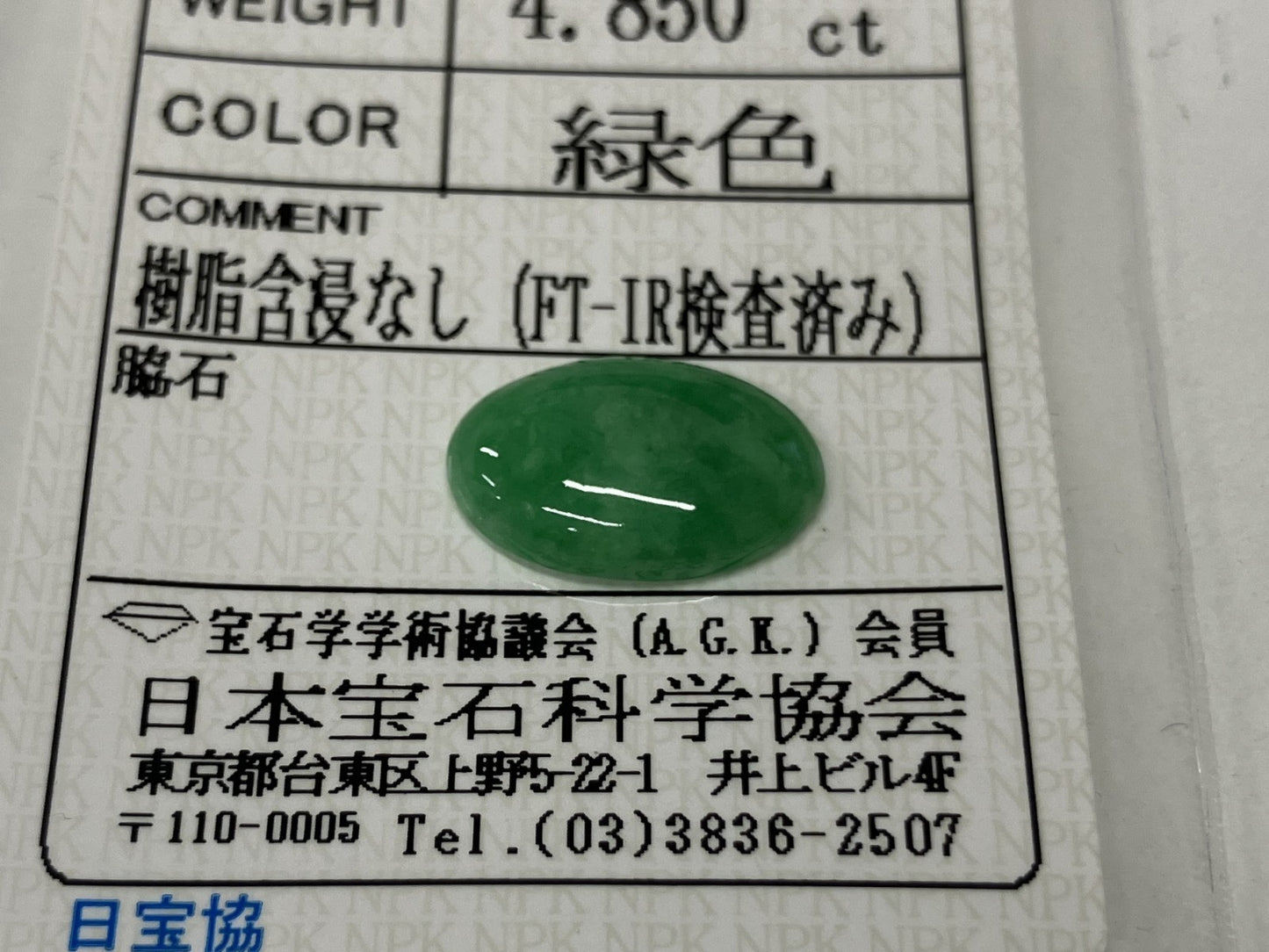 ひすい（ヒスイ 翡翠） 4.850ct 宝石ソーティング付き 14.6㎜×9.7㎜×3.7㎜ ルース（ 裸石 ） 4825K