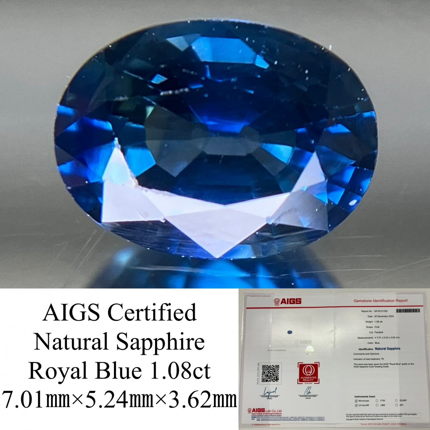 サファイア 1.08ct AIGS鑑別書付き ロイヤルブルー  7.01㎜×5.24㎜×3.62㎜ ルース（ 裸石 ） 3542YY