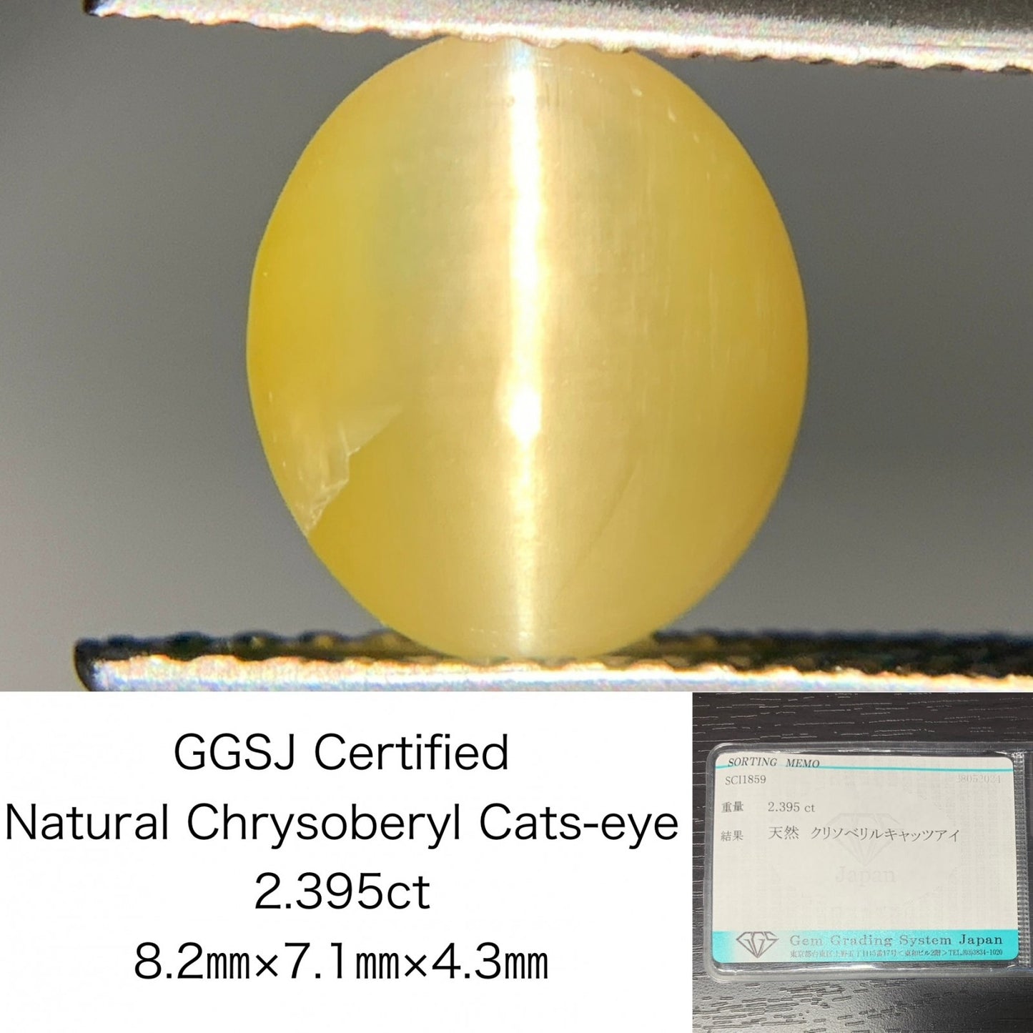 クリソベリルキャッツアイ 2.395ct  宝石ソーティング付き  8.2㎜×7.1㎜×4.3㎜  ルース（ 裸石 ） 1883Y