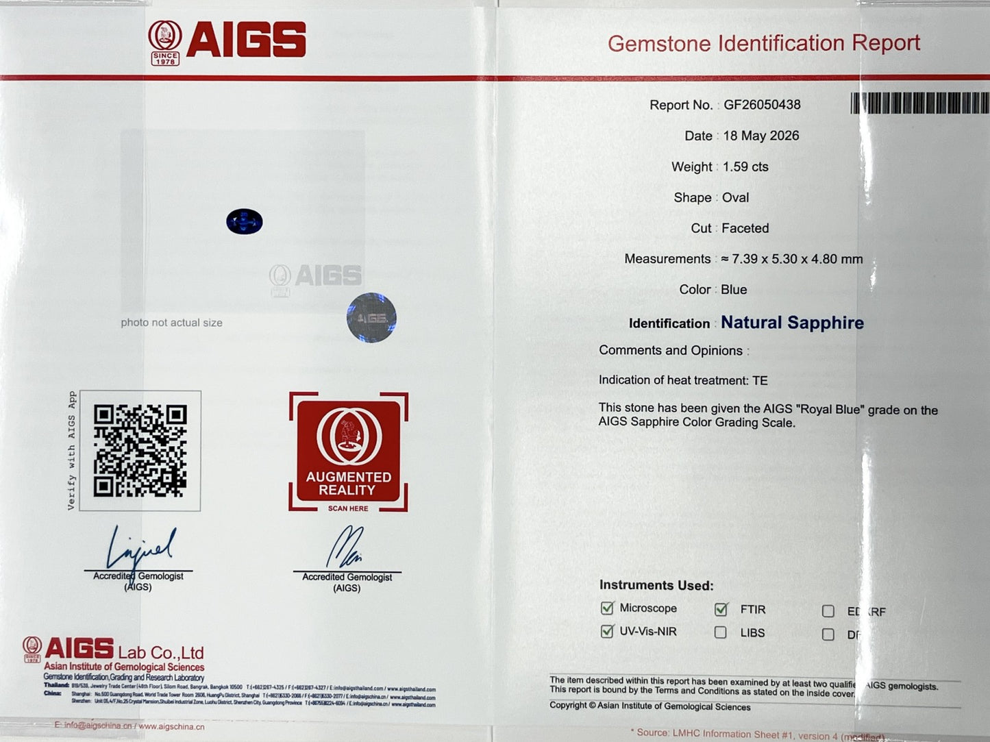 サファイア 1.59ct ロイヤルブルー royal blue AIGS鑑別書 D0.33ct PT900 5.1g 指輪 （JP13号） サイズ直し無料 8266K