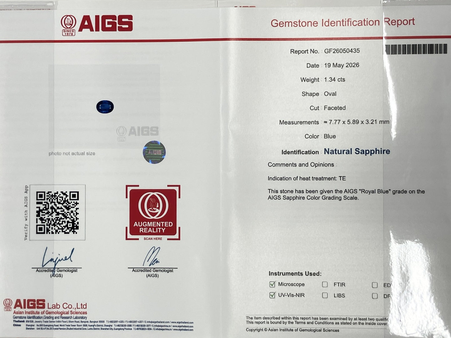 サファイア 1.34ct ロイヤルブルー royal blue AIGS鑑別書 D0.33ct PT900 5.2g 指輪 （JP13号） サイズ直し無料 8591K