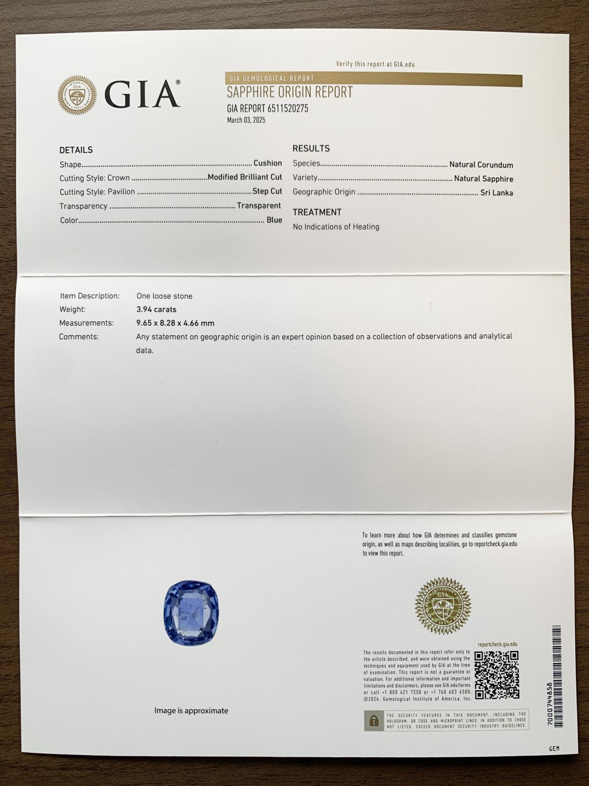 サファイア 3.94ct  GIA宝石鑑別書付き  No Heat Sri Lanka  9.65㎜×8.28㎜×4.66㎜  ルース（ 裸石 ）   4095Y